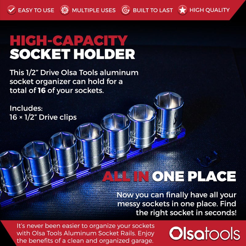 Olsa Tools 1/2-Inch Drive Aluminum Socket Organizer with Locking End Caps | Professional Quality Socket Holder (BLUE) - Image 2